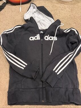 adidas Black Kids Hooded Zip Jacket with White Stripe Accents